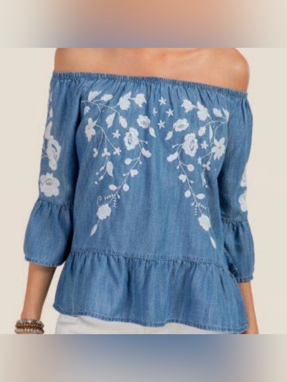 Blue Rain Boho Off-The-Shoulder Ruffle Chambray Top W/ Embroidery Medium